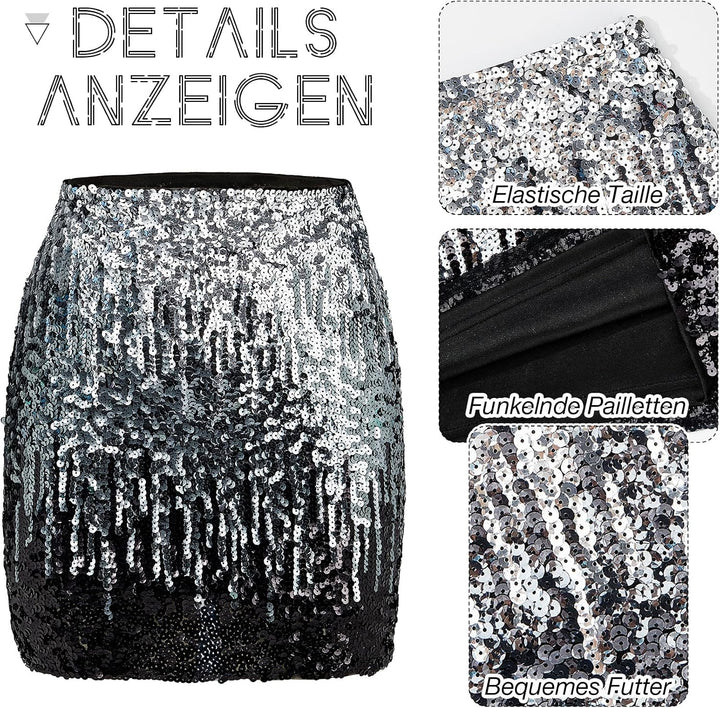 Durio Pailettenrock Für Damen Glitzer Rock Kurz Damen Sexy Midi Skirt Hüftrock mit Elastische Taille