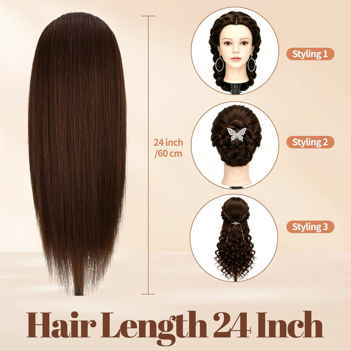 Yofuly 24Zoll / 61cm Frisierkopf mit Ohrlöchern, 80% Echthaar Übungskopf, Make-up Frisieren Training