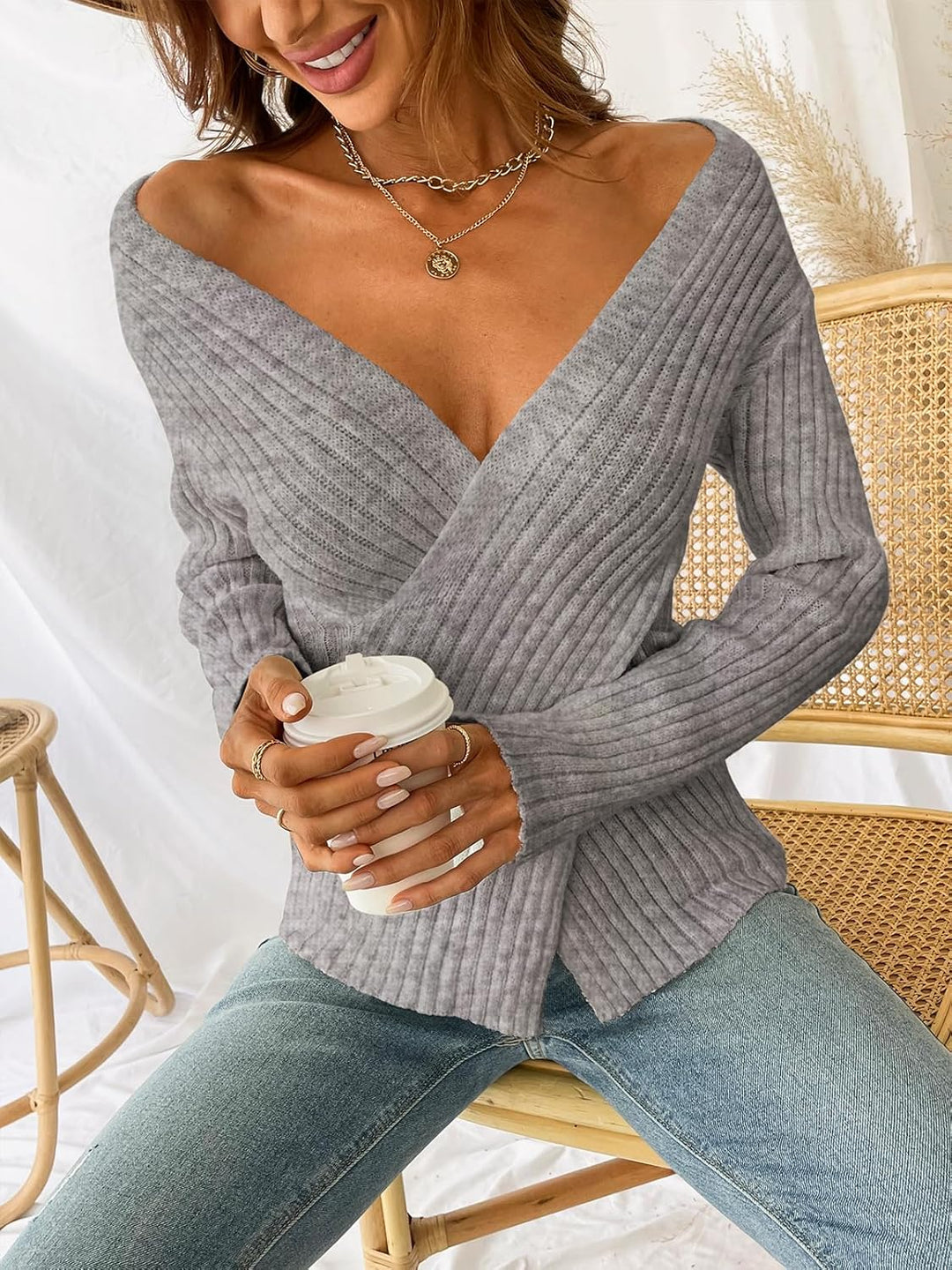 CUPSHE Damen Strickpullover V Ausschnitt Wickeloptik Langarm Crossover Feinstrick Pulli Wickeloberte