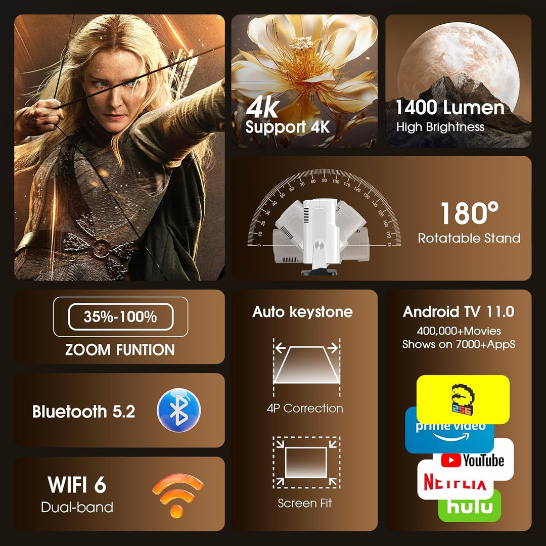 [Bulit-in App] 2024 Mini Beamer 1920*1080P FHD 4K Mini Projektor Dual Control mit Maus Android TV Wi