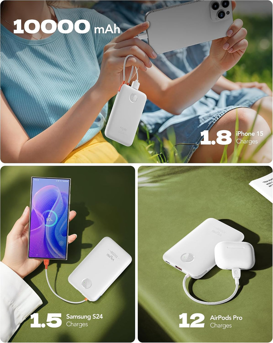 VIYISI Powerbank 10000mAh Ultradünn mit Integriertem USB-C Kabel, Weiss, weiss