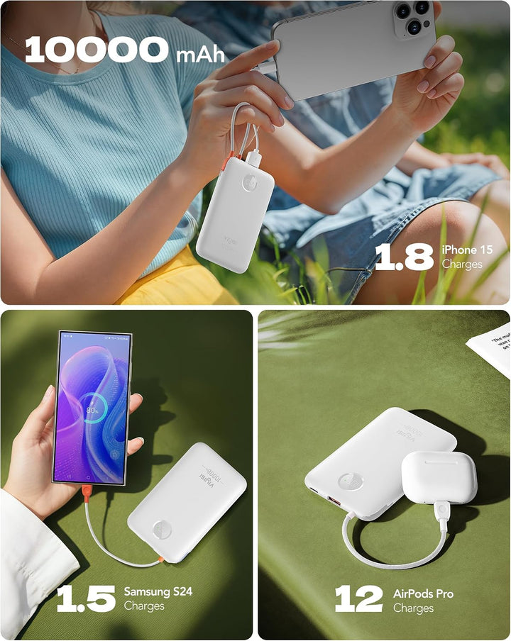 VIYISI Powerbank 10000mAh Ultradünn mit Integriertem USB-C Kabel, Weiss, weiss