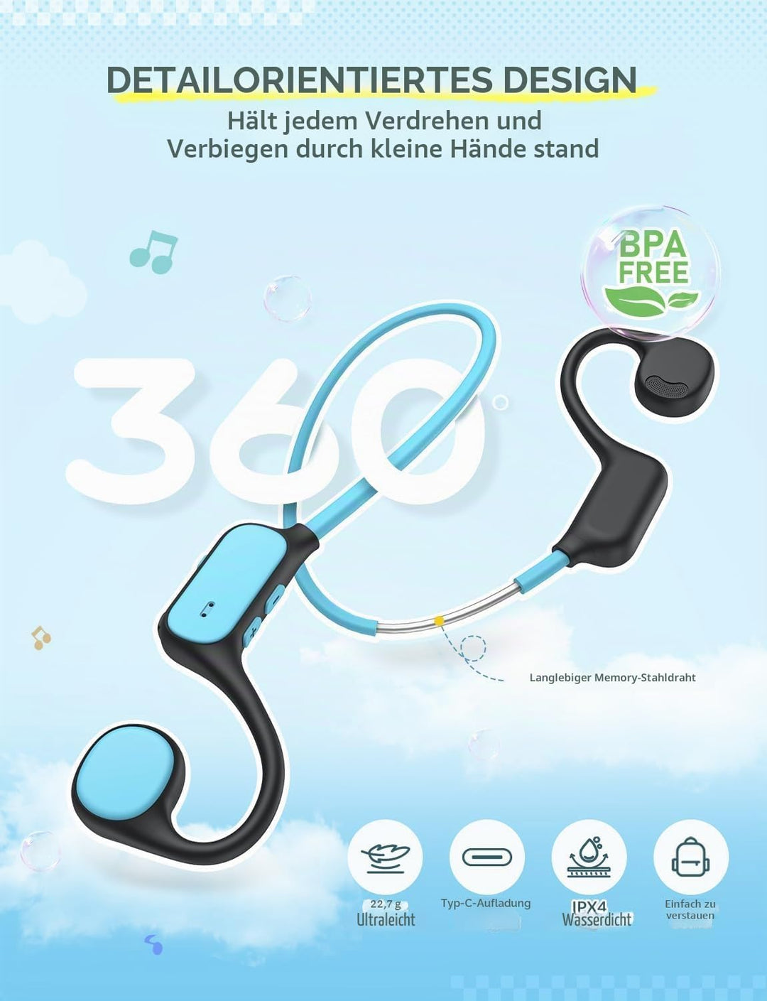iClever Kinder-Kopfhörer, Knochenleitung, offenes Ohr, Sicherheit, IPX5 wasserdicht, 360° Biegung, l