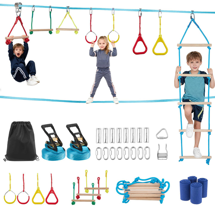8-in-1 Slackline Set für Kinder 3-10 Jahre, Ninja Kletterhindernisse Garten, mit Seilrutsche Affenst
