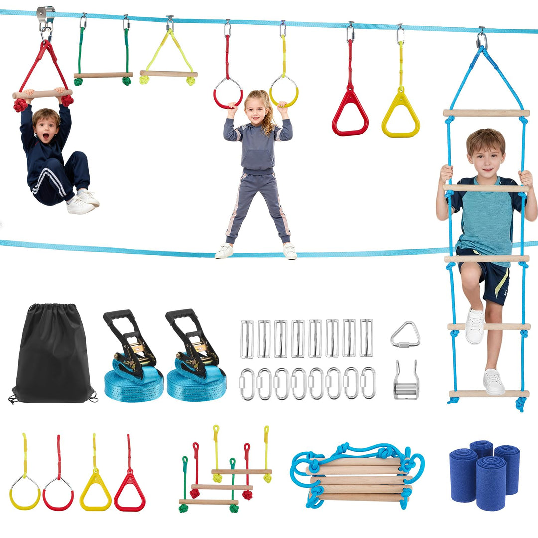 Ninja Slackline Set für Kinder, 15m (50FT) Outdoor Hindernisparcours mit Klettergerüst, Ringen, Seil