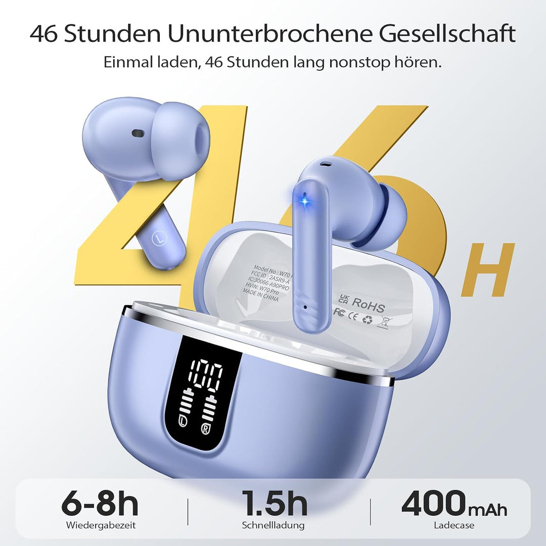 W70 Pro Bluetooth Kopfhörer In-Ear, Bluetooth 5.4 Wireless Earbuds mit HiFi-Sound, Sport Ohrhörer mi