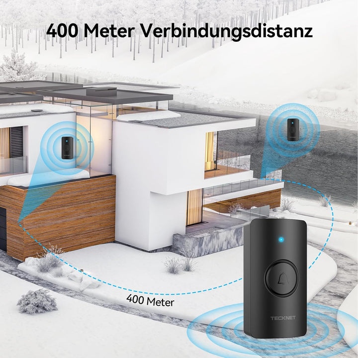 TECKNET Funkklingel,Funkklingel aussen wasserdicht IP65,Funk Klingel Kabellos 400m,Klingel Funk mit