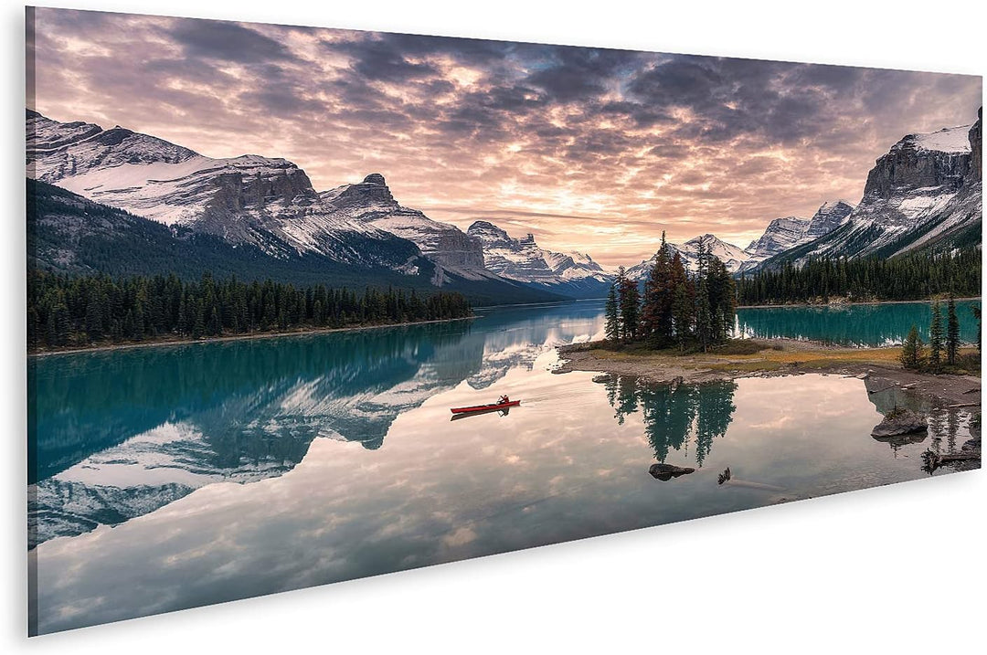 islandburner Bild auf Leinwand Reisende Kanufahrer Rocky Mountain Reflexion Maligne Lake Spirit Isla