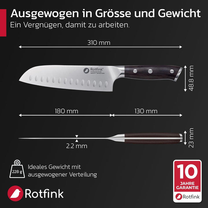 Santoku Messer 18 cm, Profi Küchenmesser scharf, Kochmesser, Fleischmesser, Edelstahl 56-58 HRC, erg