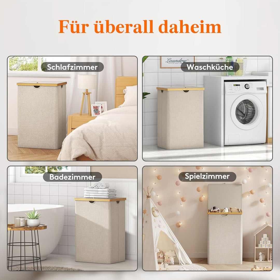 Lifewit 170L Bambus Wäschekorb mit Deckel, Faltbar Wäschesammler 3 Fächer Wäschesortierer mit Abnehm