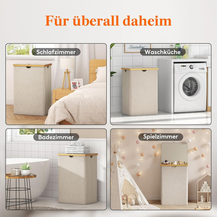 Lifewit 170L Bambus Wäschekorb mit Deckel, Faltbar Wäschesammler 3 Fächer Wäschesortierer mit Abnehm