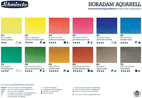 Schmincke – HORADAM AQUARELL kompakter Farbkasten mit 12 feinsten Aquarellfarben, 1 daVinci Pinsel,