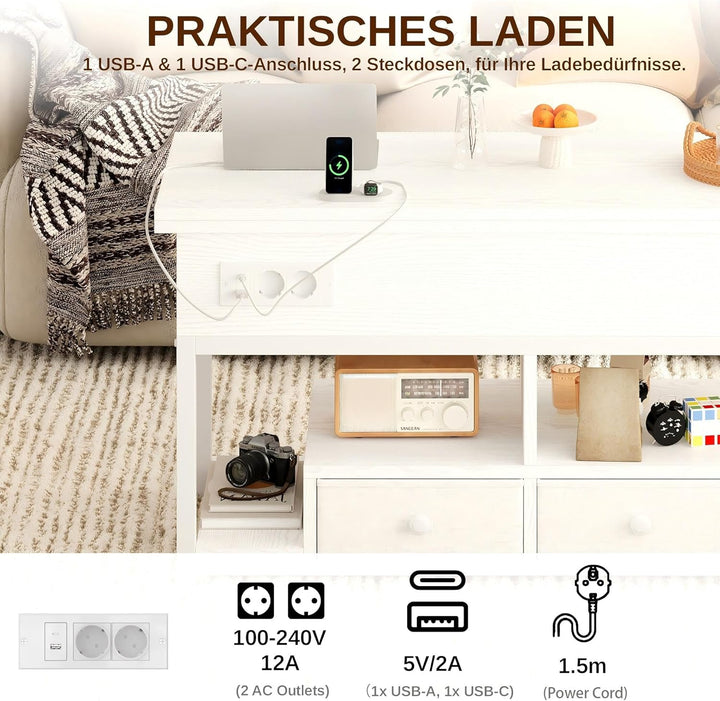 IRONCK Couchtisch höhenverstellbarer Wohnzimmertisch mit LED Beleuchtung und Steckdosen, 2 AC,1 USB