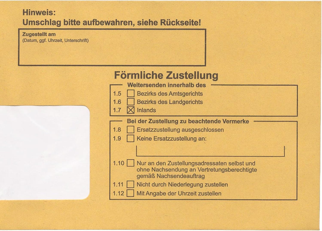 Postzustellungsumschläge DIN Lang „ Förmliche Zustellung “ - Zustellungshüllen mit Fenster (110 × 22