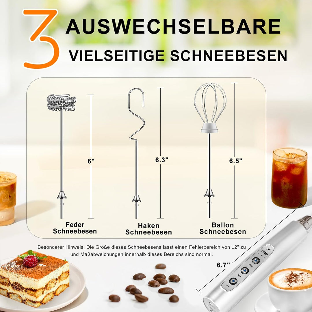 YUSWKO Milchaufschäumer Stab für Kaffee, Usb Wiederaufladbarer Aufschäumer, 3 Schneebesen-Köpfe 3 Ge