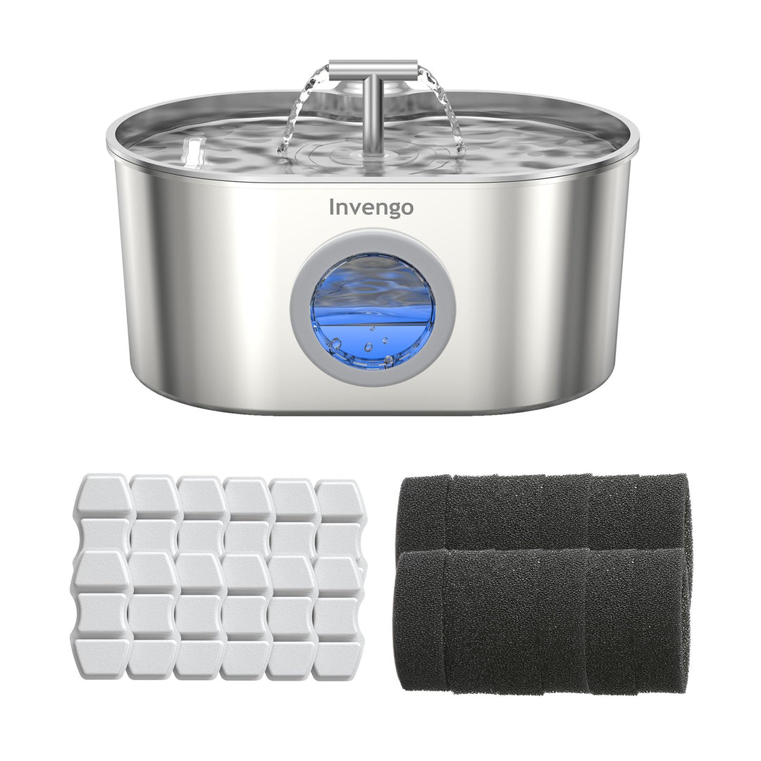Katzenbrunnen Edelstahl und Ersatzfilter, 2.2L Trinkbrunnen für Katze mit 2 Trinkstellen und LED-Anz