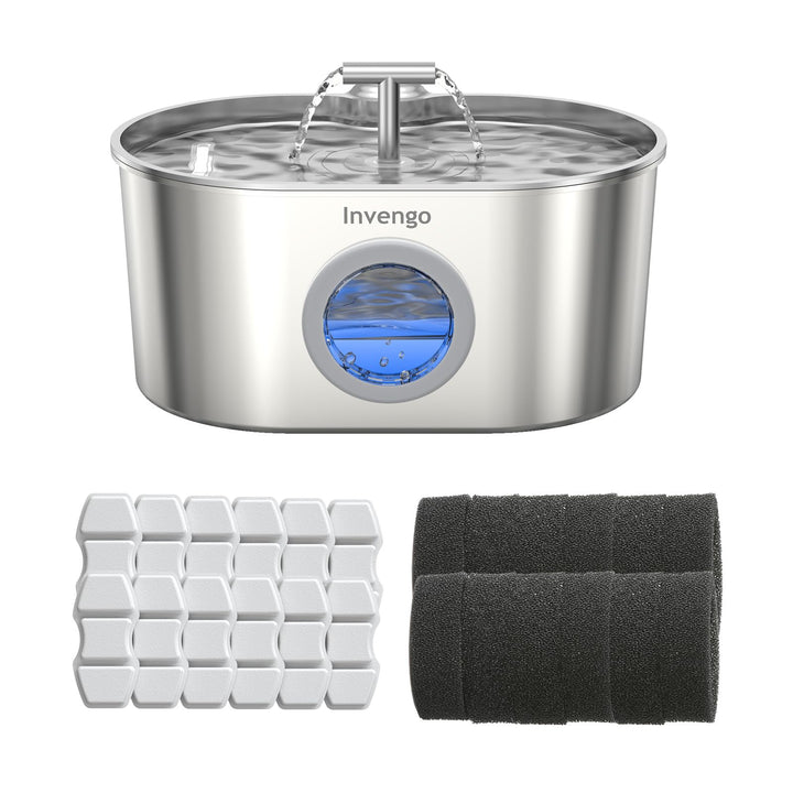 Katzenbrunnen Edelstahl und Ersatzfilter, 2.2L Trinkbrunnen für Katze mit 2 Trinkstellen und LED-Anz