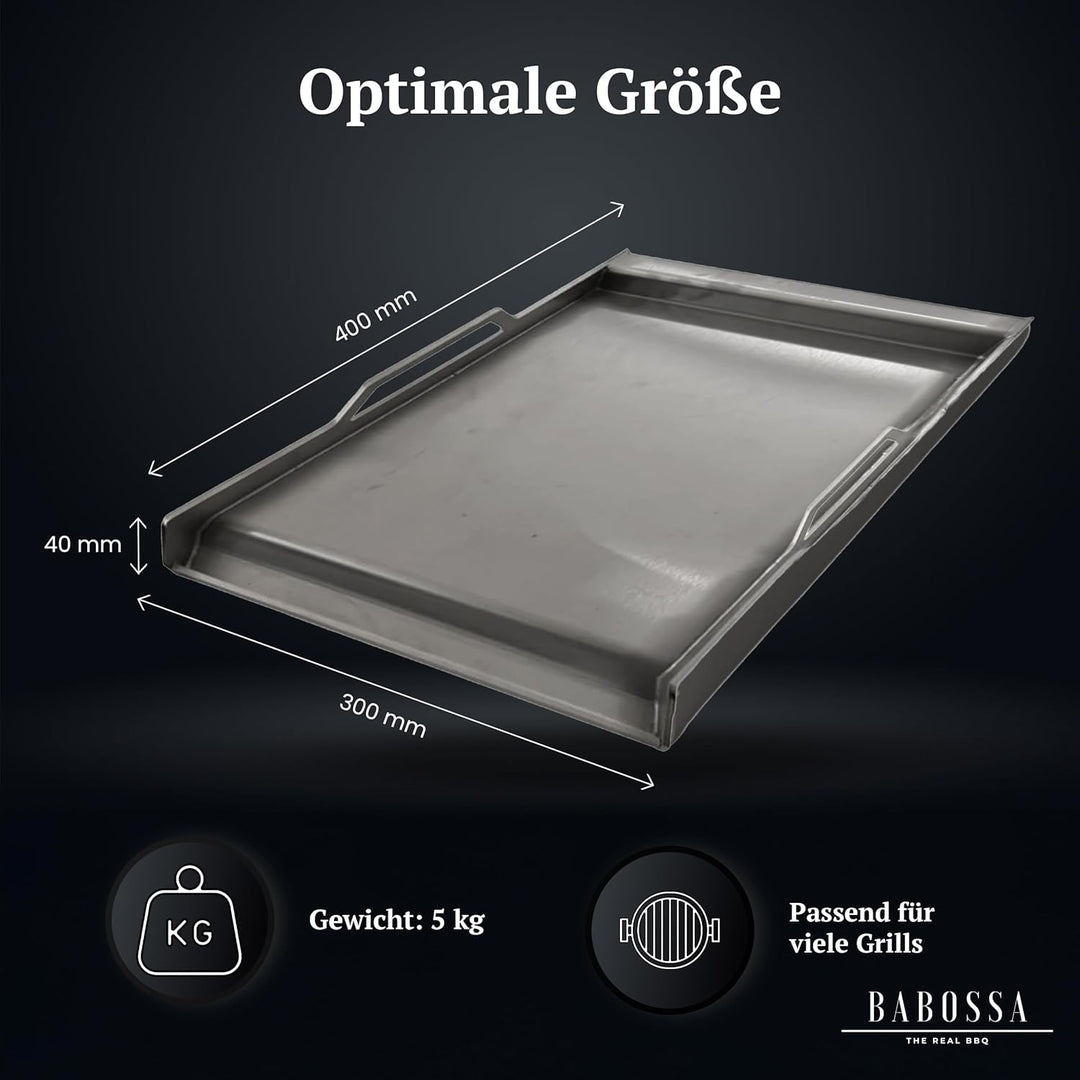 BABOSSA Plancha 2.0 – Grillplatte Edelstahl Medium 30 x 40 cm – Premium Griddleplatte für Gas und Ko