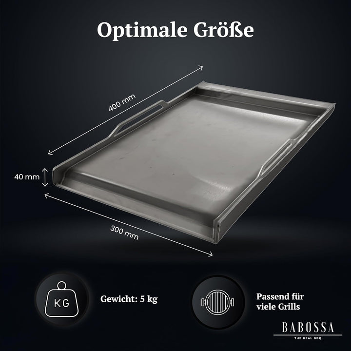 BABOSSA Plancha 2.0 – Grillplatte Edelstahl Medium 30 x 40 cm – Premium Griddleplatte für Gas und Ko