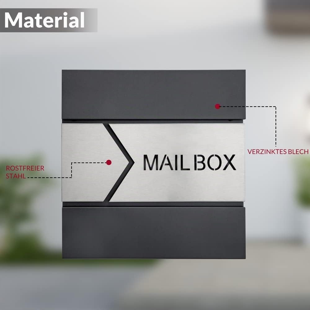MONZANA® Design Briefkasten Stahl anthrazit mit Zeitungsfach 2 Schlüssel Zeitungsrolle Wandbriefkast