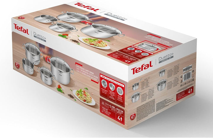 Tefal Duetto + 3 Töpfe 16/20/24 cm, 1 Stielkasserolle 16 cm aus Edelstahl, 3 Glasdeckel, Messmarkier