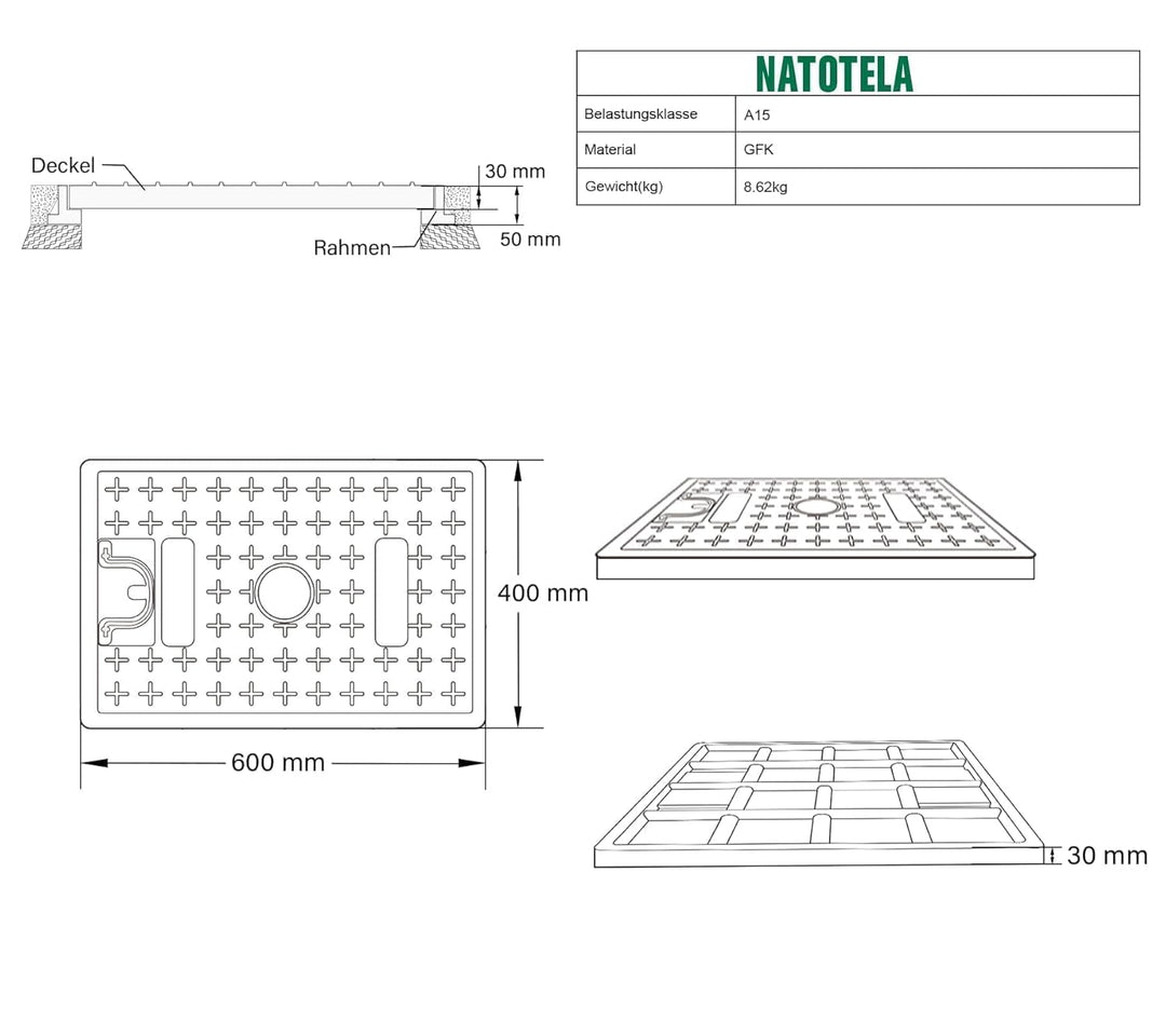 GFK-Schachtabdeckung ohne Rahmen mit Griff - 600 x 400 x 40 mm Schachtabdeckung Kanaldeckel Deckel f