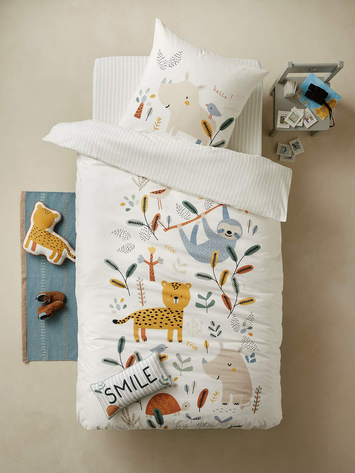 Vertbaudet Kinder Bettwäsche-Set Dschungel Paradies wollweiss Bedruckt 140X200 - Kissen 63X63
