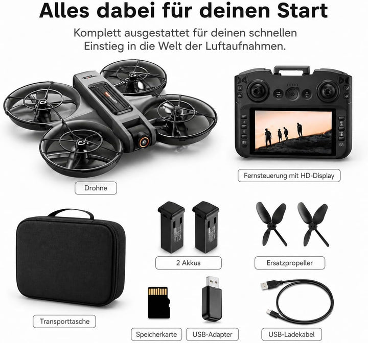 Drohne mit Kamera & Display Fernbedienung, Brushless Motor, Dual Kamera 90° verstellbar, FPV Live-Üb