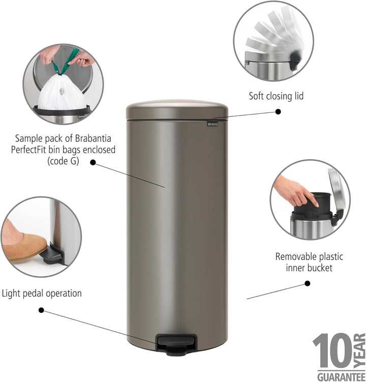 Brabantia 114441 Pedal Bin newIcon Treteimer mit Kunststoffeinsatz in Platin, Plastik, Platinum, 30