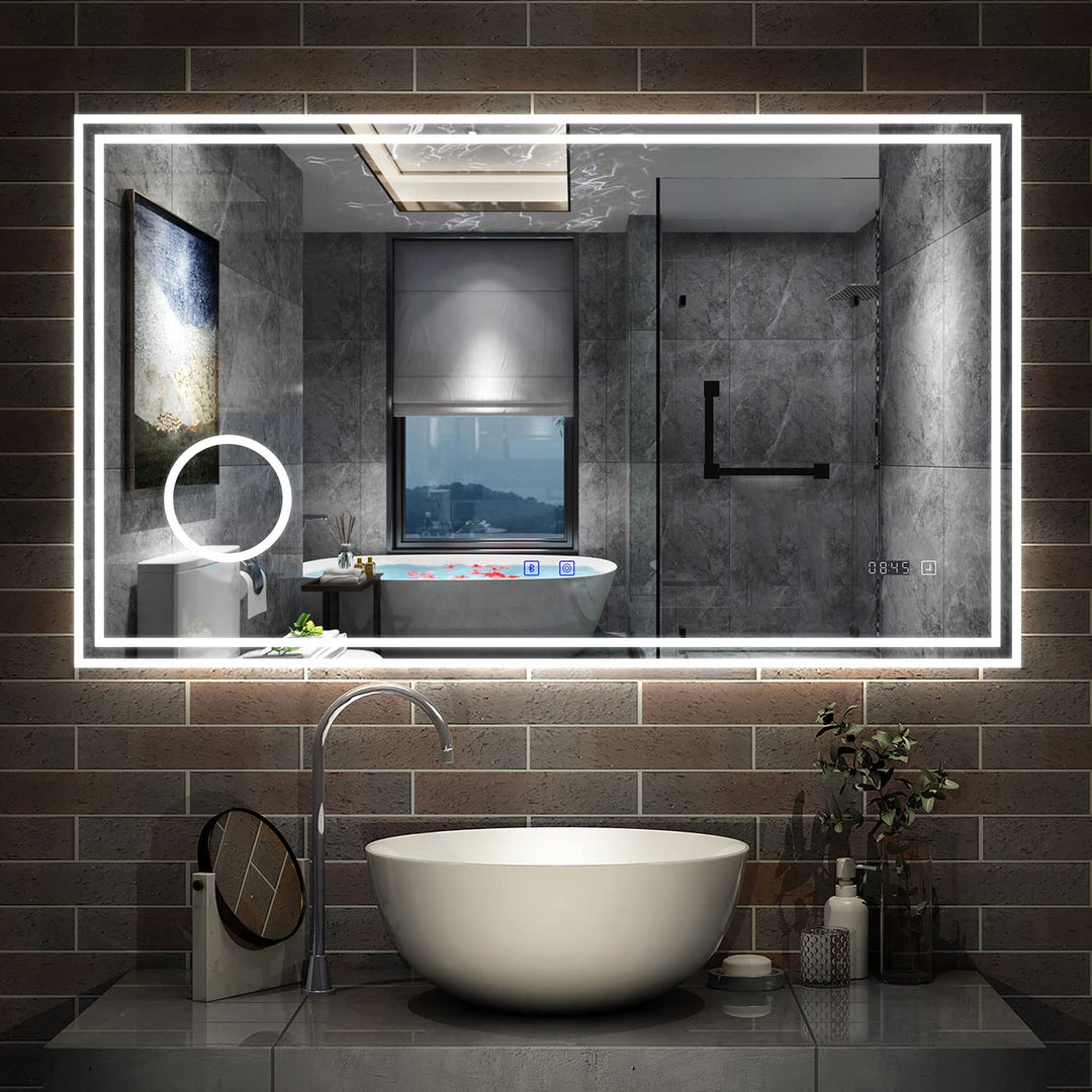 Aica Sanitär Badspiegel mit Bluetooth 100×60cm Schminkspiegel Uhr Kalt/Neutral/Warmweiss dimmbar Tou
