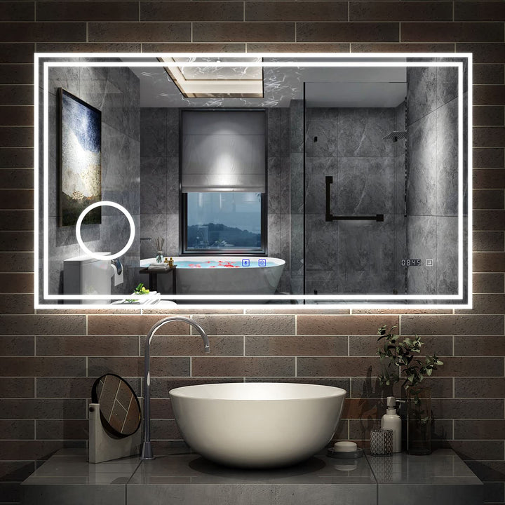 Aica Sanitär Badspiegel mit Bluetooth 100×60cm Schminkspiegel Uhr Kalt/Neutral/Warmweiss dimmbar Tou