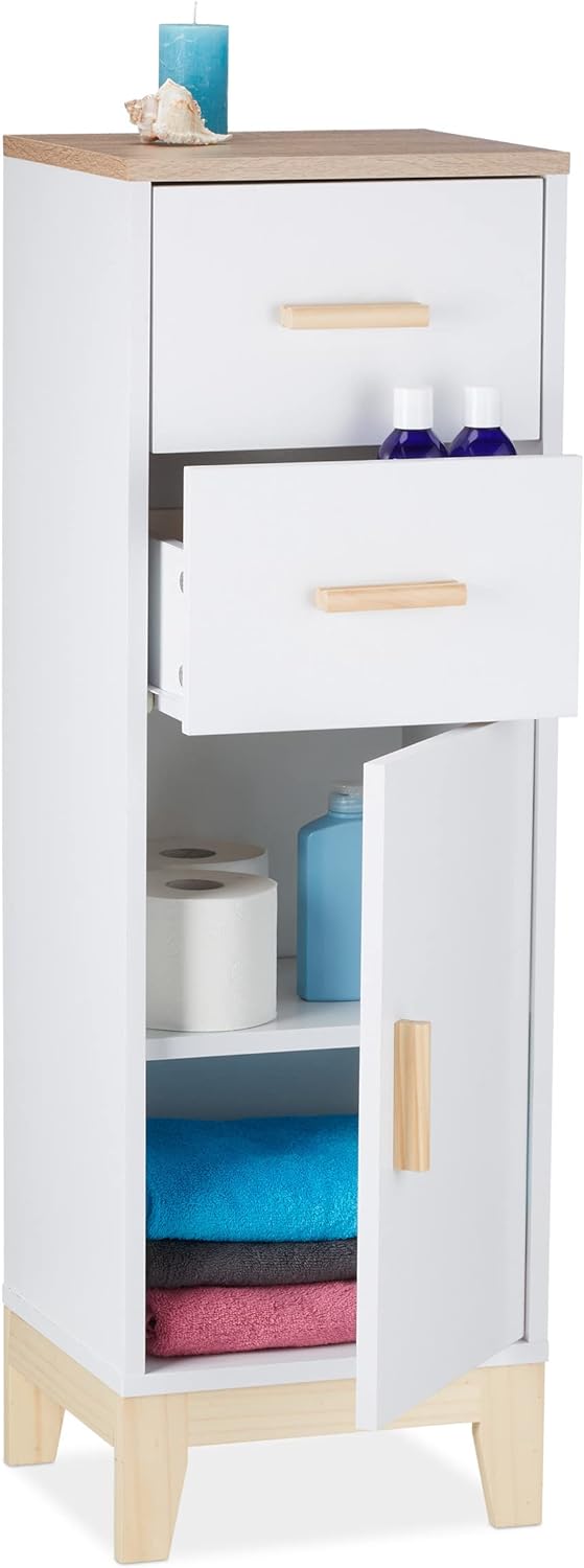Relaxdays Badezimmerschrank, 2 Schubladen, Türfach, HxBxT: 97,5 x 32 x 28 cm, Bad & Flur, schmaler M