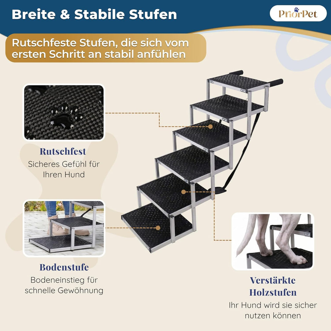 Hundetreppe Auto Klappbar – 4, 5 oder 6 Stufen für niedrige bis hohe Kofferraumhöhen (63–81 cm) – Fü