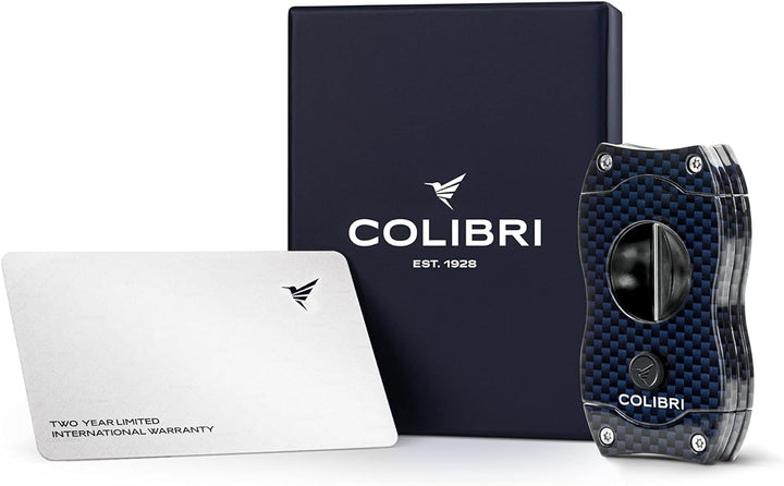 Colibri V-Cut Zigarrenschneider | Blaues Kohlefaserdruck | Federauslöser | Tiefer 7mm V-Schnitt | Bi