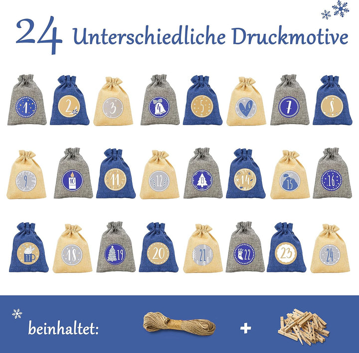 Adventskalender zum Befüllen [24 Stück] Weihnachtskalender 2025 Jutesäckchen 15 x 12cm Gross, Weihna