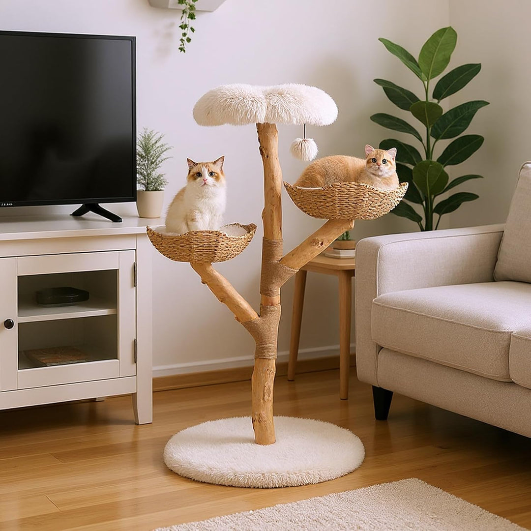 COSTWAY 122 cm Kratzbaum Holz, Katzenbaum mit Sitzfläche, 2 Körben aus Rattan, Kratzpfosten aus Jute
