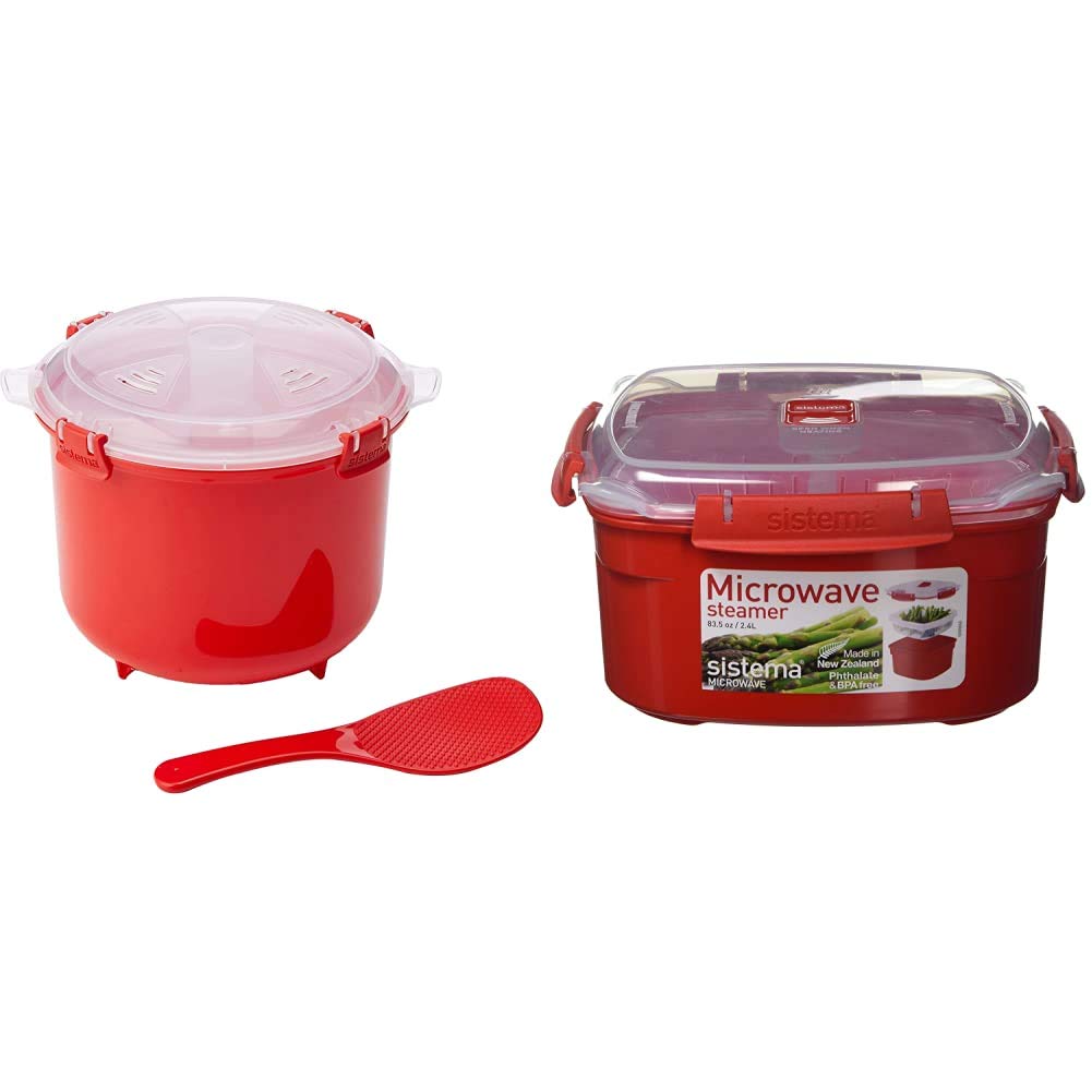 Sistema Microwave Reiskocher, 2,6 l, rot/transparent & Microwave Dampfgarer, mittelgross mit herausn