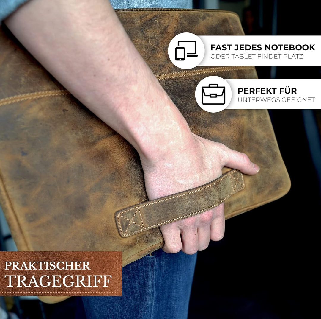 Fa.Volmer ® 15,6 Zoll Laptop Hülle aus edlem Büffelleder - braun - mit Metall-Reissverschluss - gepo