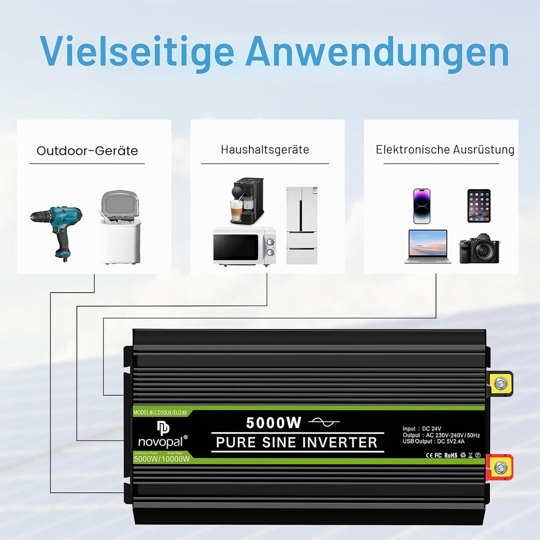 NOVOPAL 5000W KFZ Reiner Sinus Wechselrichter Spannungswandler 24V 230V mit LCD Display und 2 EU Ste