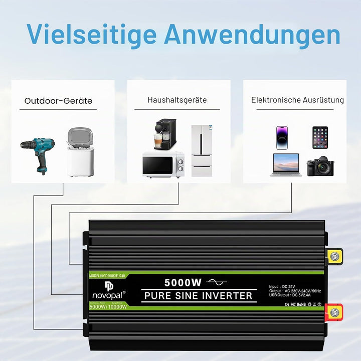 NOVOPAL 5000W KFZ Reiner Sinus Wechselrichter Spannungswandler 24V 230V mit LCD Display und 2 EU Ste