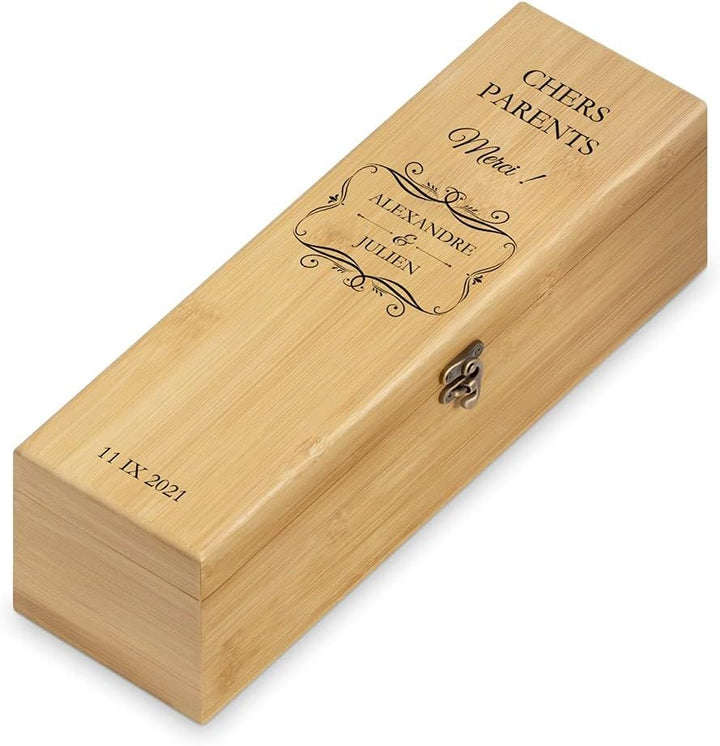 Maverton Weinbox für 0,7L Weinflasche - Wein Holzbox personalisiert + 4er Weinzubehör - Weinset Wein