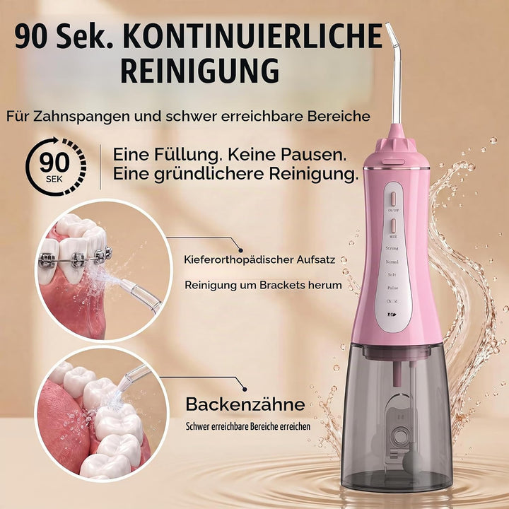 Wasser-Zahnseide, Munddusche mit 5 Modi, 350 ml, kabelloser Wasser-Zahnreiniger, 6 Spitzen, IPX7 was