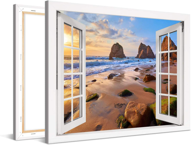 PICANOVA – Bild auf Leinwand Meeresstrand mit Felsen Fenster 100x75cm – Leinwandbild – Premium Leinw