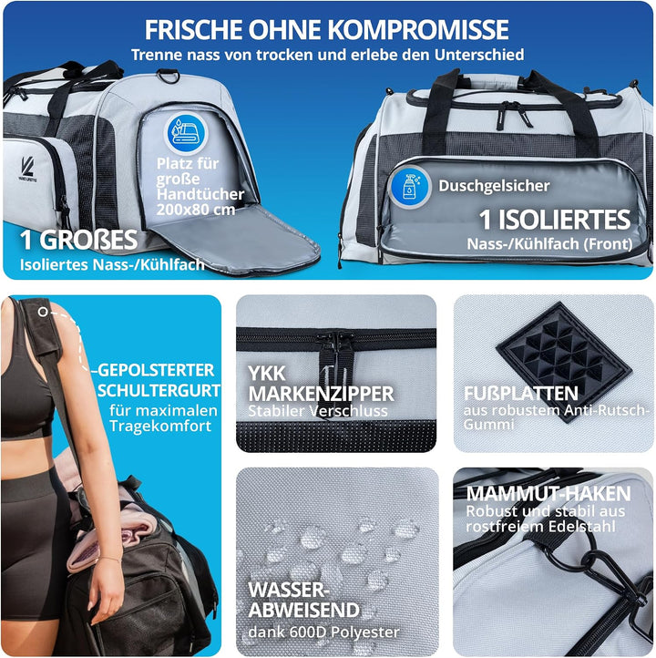 VL® Sporttasche Gross mit Schuhfach, Nassfach &amp; [Isoliertes Kühlfach] Saunatasche &amp; Reisetasche für