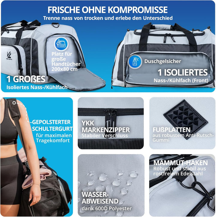 VL® Sporttasche Gross mit Schuhfach, Nassfach & [Isoliertes Kühlfach] Saunatasche & Reisetasche für