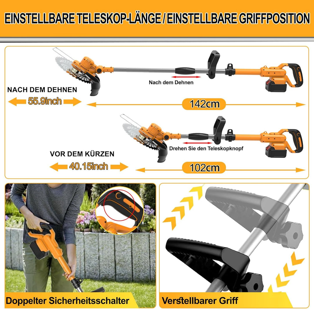 Akku Rasentrimmer mit Akku und Unkrautbürste 4 in 1 Bürstenloser Akku Freischneider Elektro Motorsen