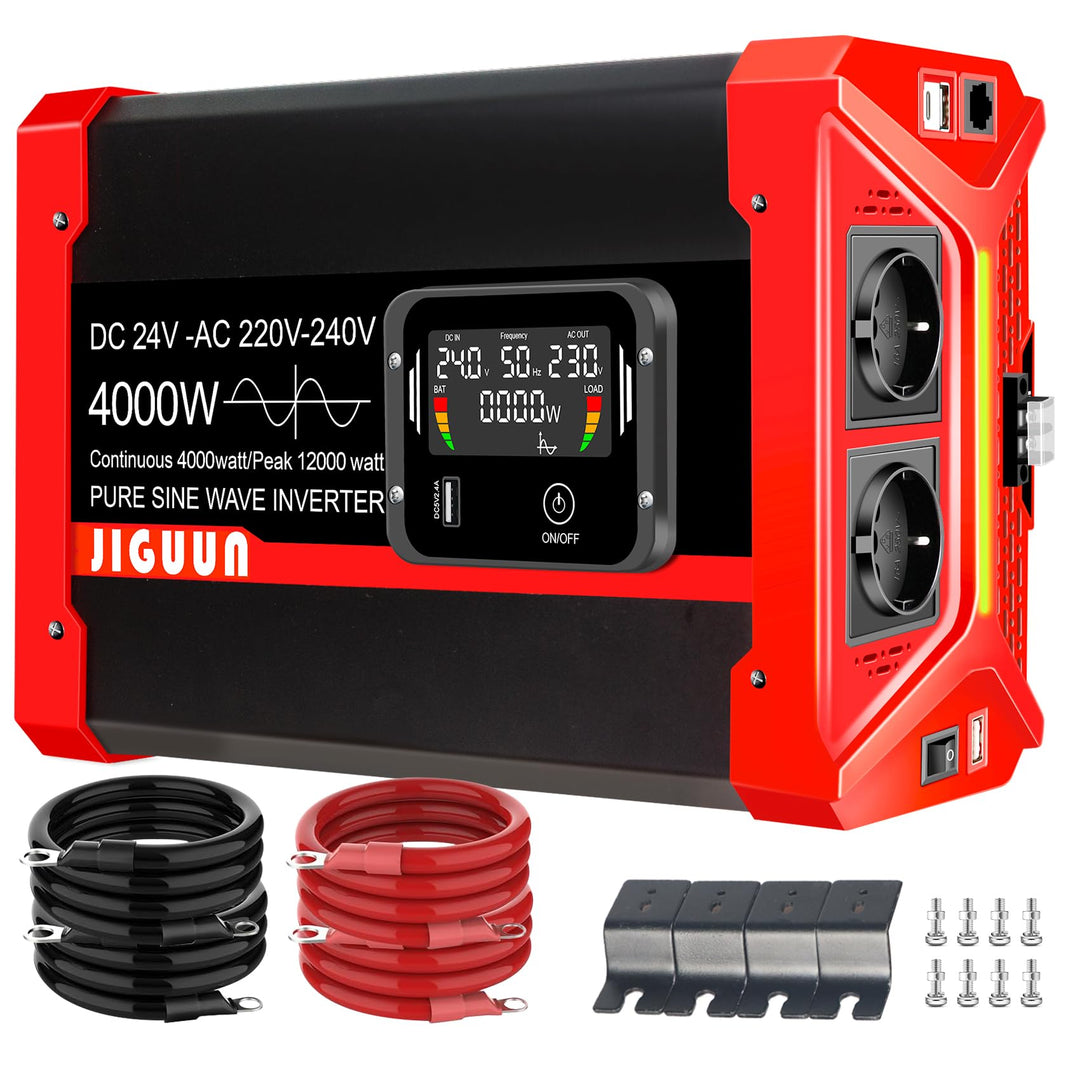 JIGUUN 1500W Spannungswandler 12V auf 230V Reiner Sinus Wechselrichter mit LCD-Anzeige,AKabellose Fe