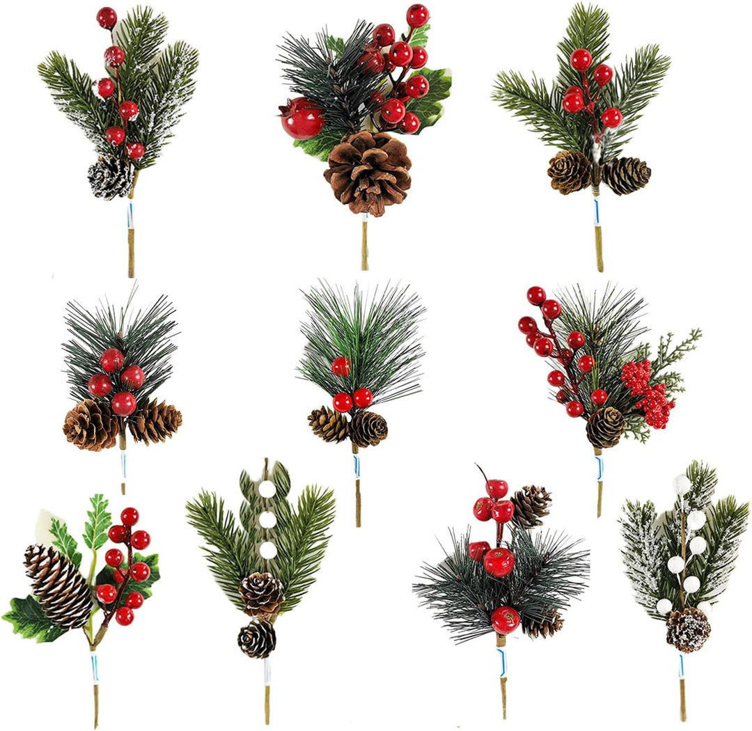 10 Stück Weihnachtsbeeren Tannenzweig, Rote Beeren Deko, Künstliche Tannenzweige mit Roten Beeren, B