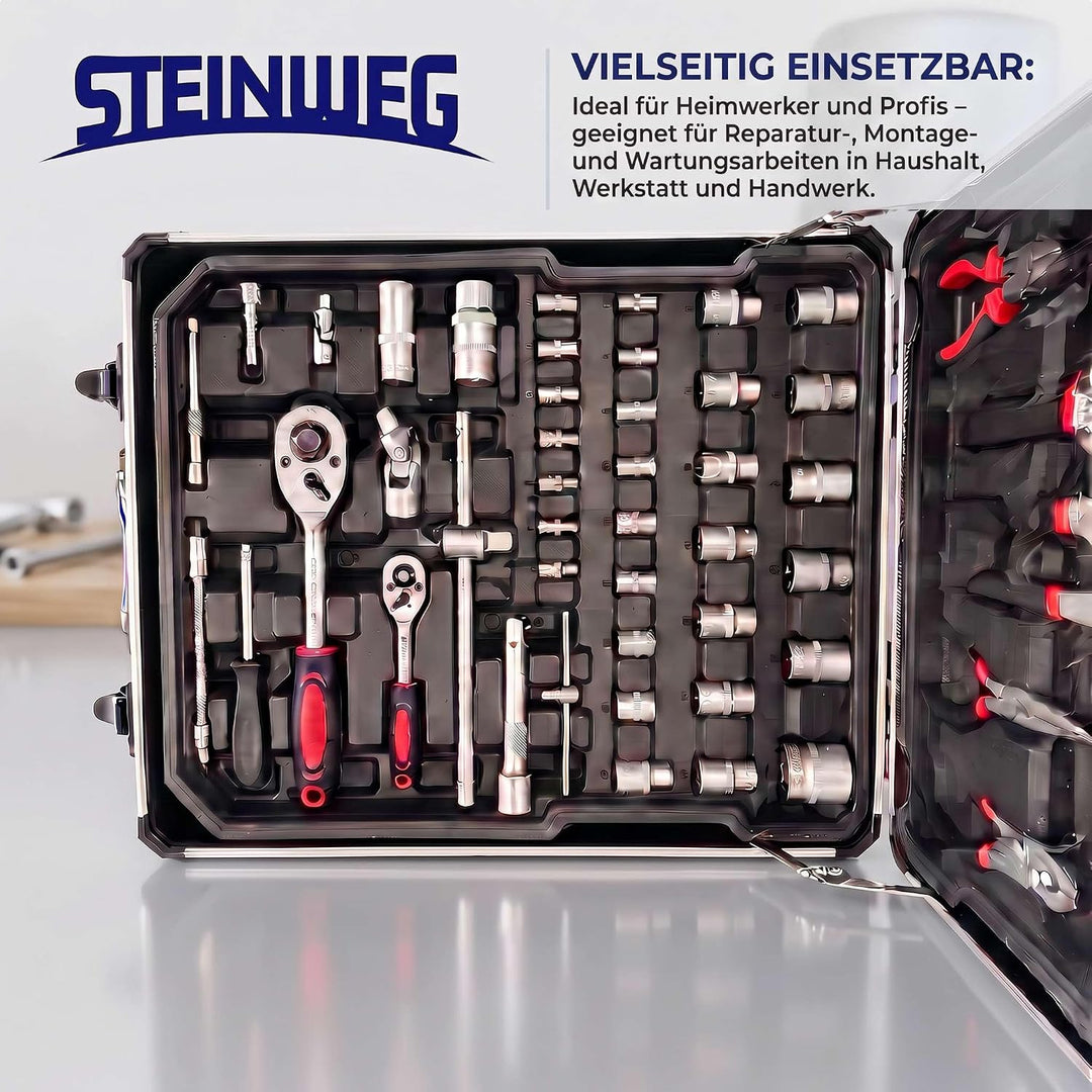STEINWEG Aluminium Werkzeugkoffer Gefüllt 1400-tlg Werkzeug Set, Profi Werkzeugkoffer befüllt mit Sc