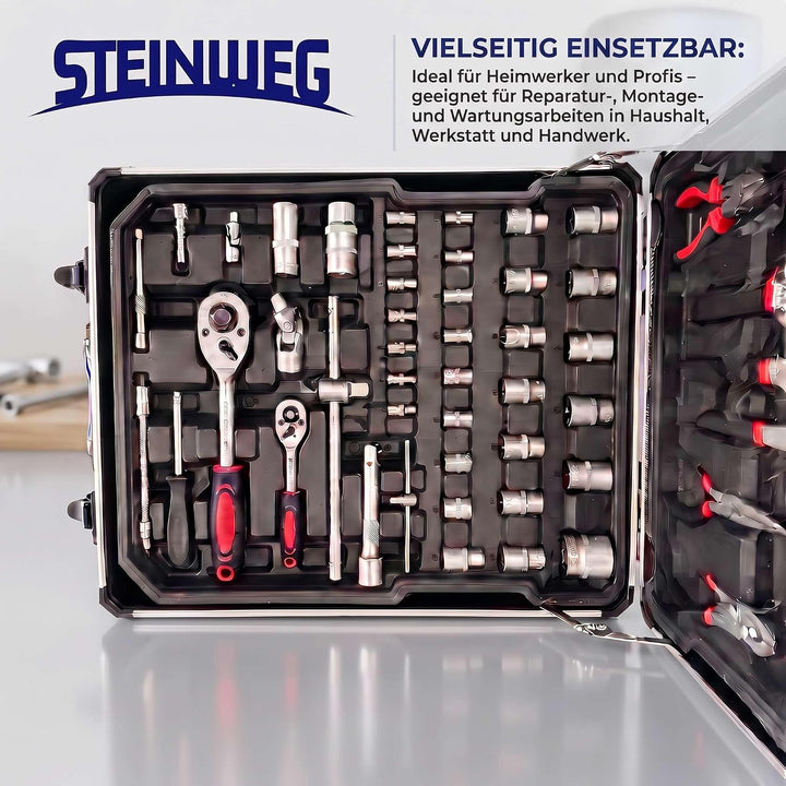 STEINWEG Aluminium Werkzeugkoffer Gefüllt 1400-tlg Werkzeug Set, Profi Werkzeugkoffer befüllt mit Sc